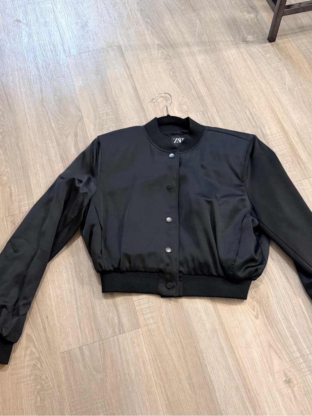 Zara Black Satin-Feel Bomber Jacket with Snap Buttons